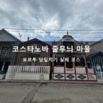 포르투에서 아베이루·코스타노바 당일치기, 줄무늬 마을과 운하 실제 코스 빨간 줄무늬와 문양으로 칠해진 코스타노바 목조주택 두 채가 나란히 서 있는 거리 풍경