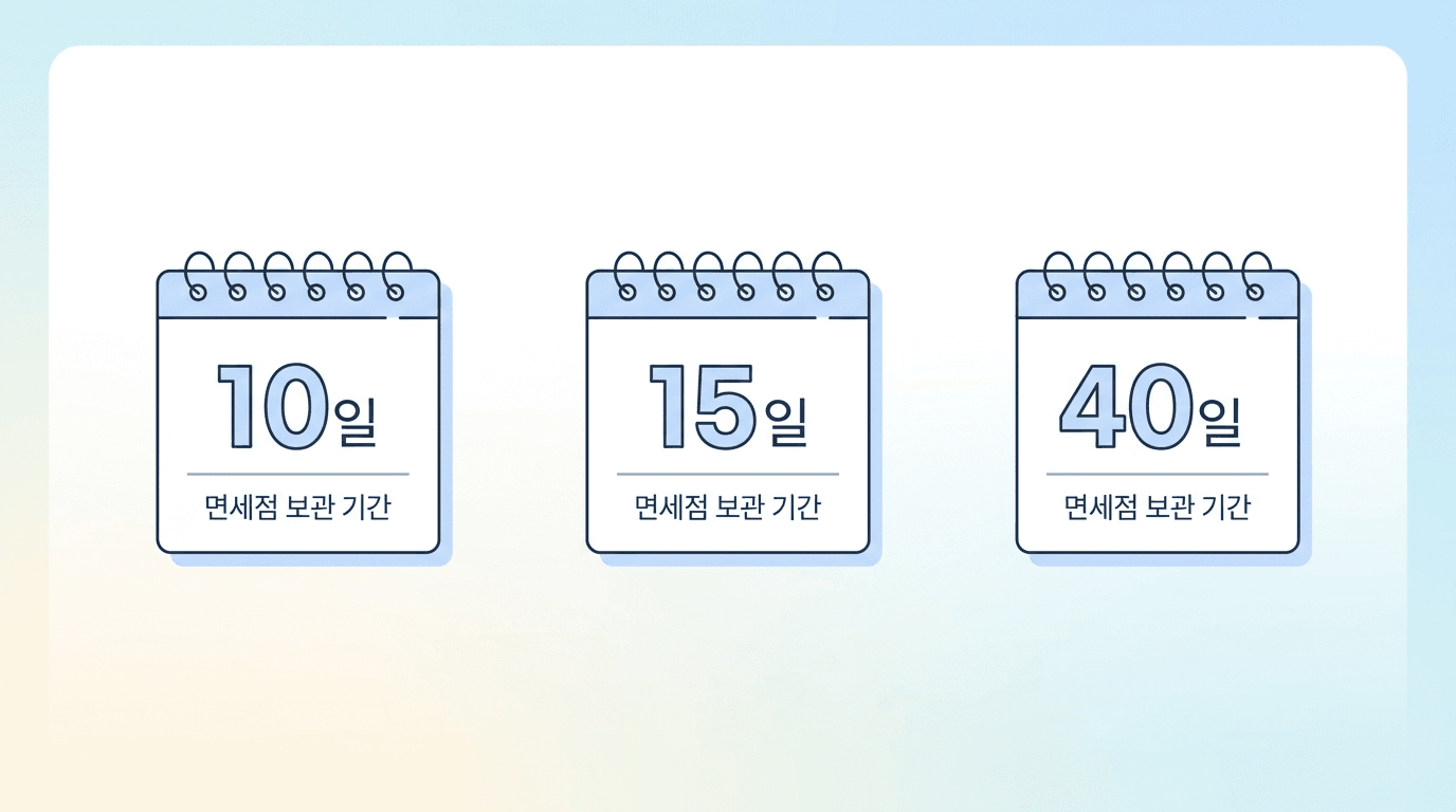 신라 10일, 롯데 15일, 현대 40일 면세점 보관 기간을 나타낸 캘린더 아이콘 인포그래픽
