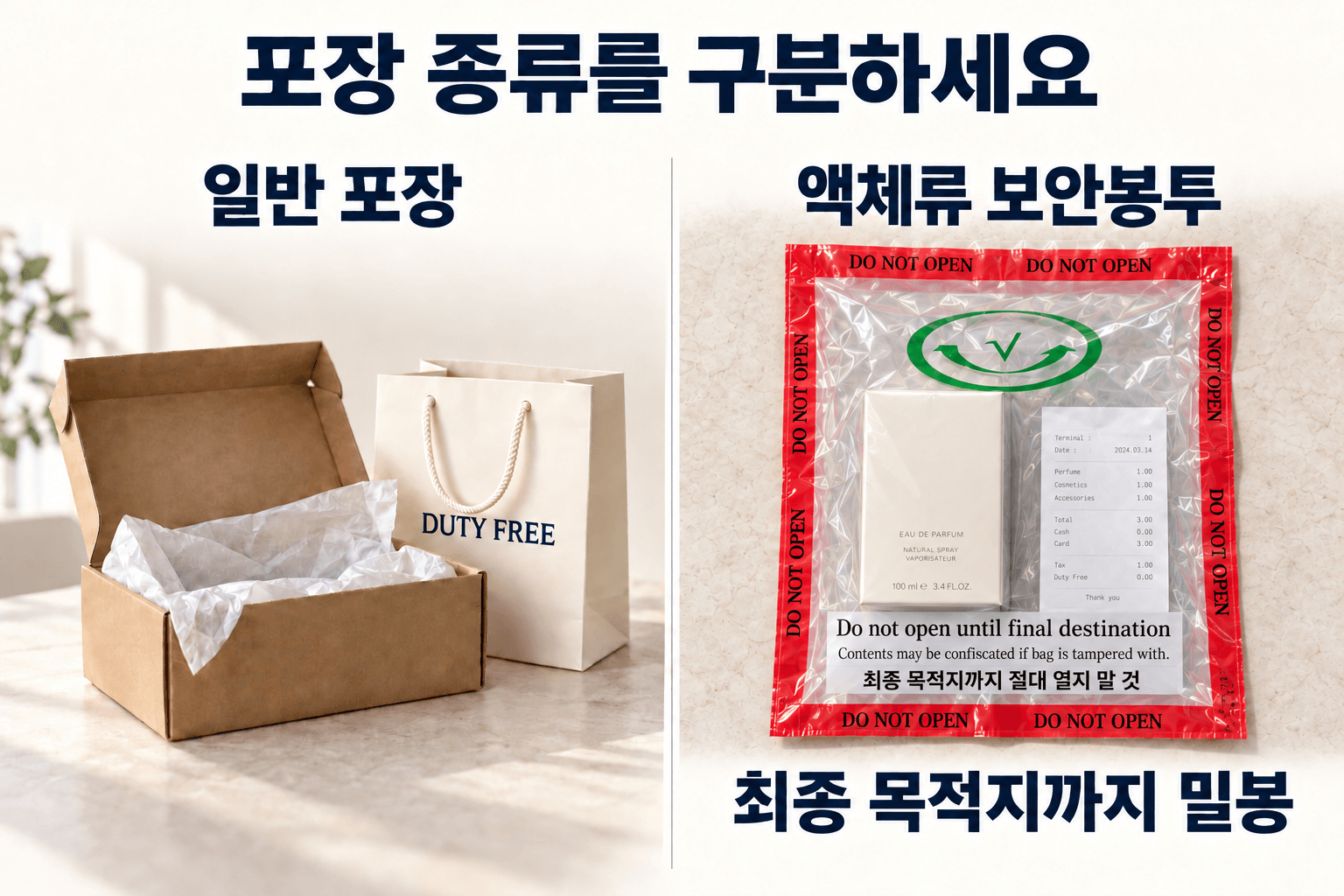 면세품 일반 포장과 최종 목적지까지 밀봉해야 하는 액체류 보안봉투 비교