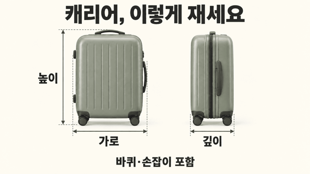 바퀴와 손잡이를 포함해 캐리어의 높이, 가로, 깊이를 재는 방법