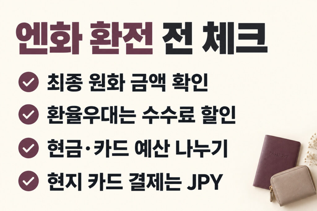 엔화 환전 전 체크 카드, 최종 원화 금액 확인, 환율우대는 수수료 할인, 현금·카드 예산 나누기, 현지 카드 결제는 JPY
